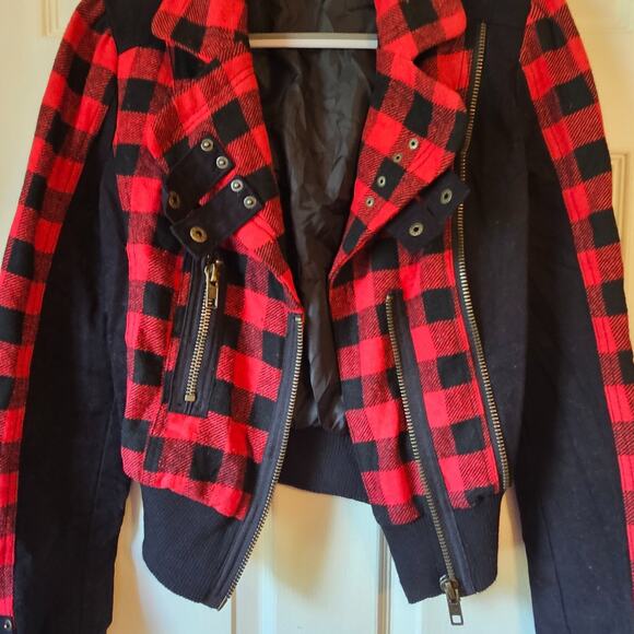 Urban Vibe Red Black Checkered Moto Biker Jacket Wool Blend Streetwear Small - Picture 1 of 14